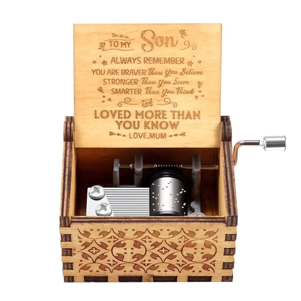 1249 Wooden Hand Crank Music Box for Son from Mom, Christmas Birthday Gift